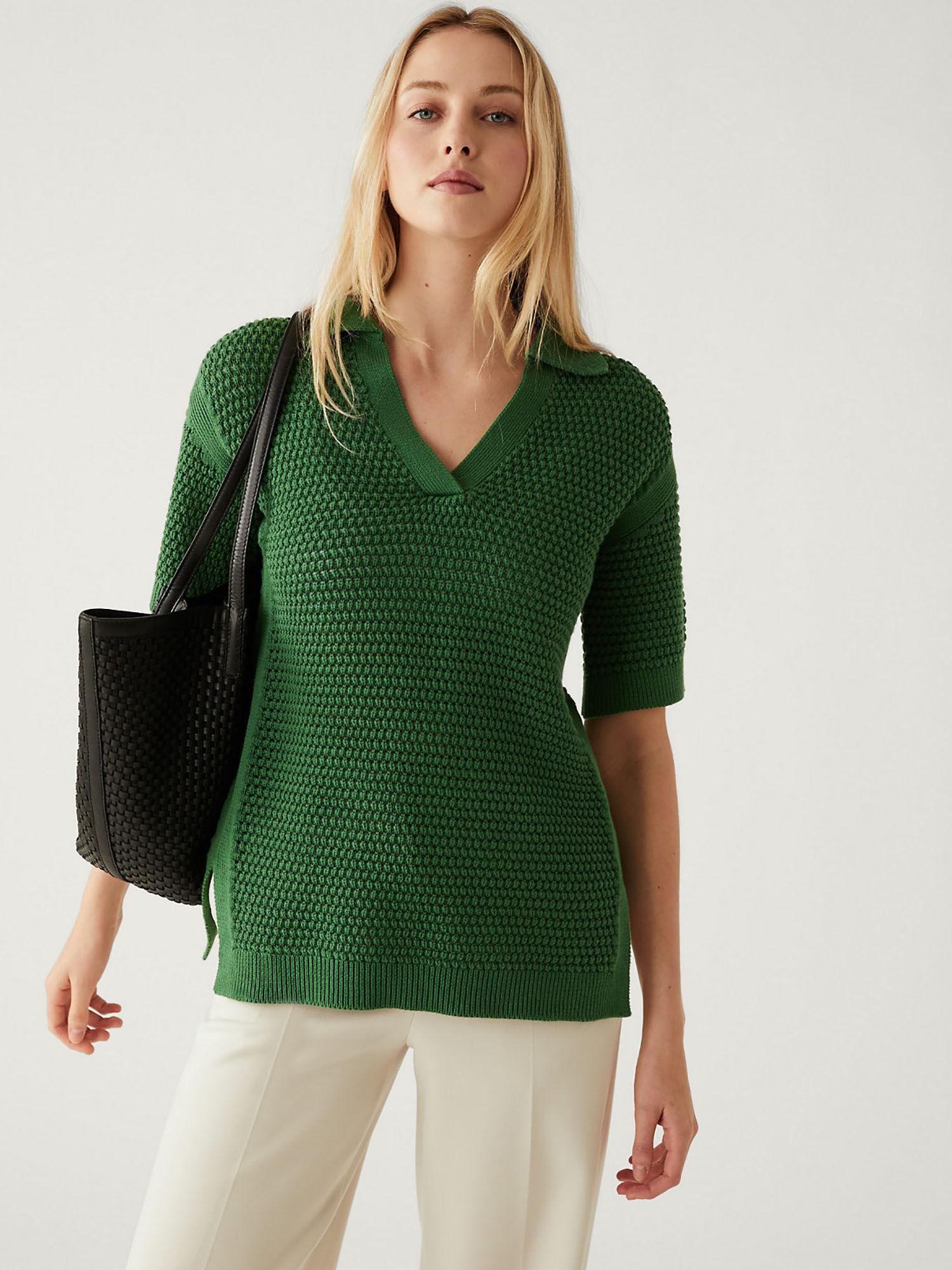 green pure cotton collared knitted top