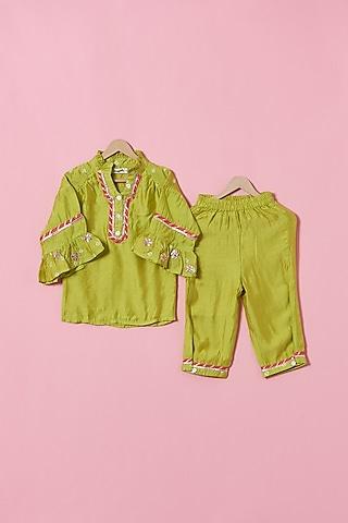green pure modal silk kurta set for girls