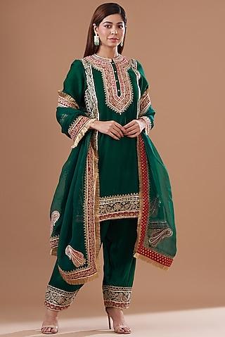 green pure silk chanderi embroidered kurta set for girls