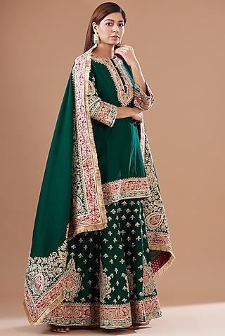 green pure silk chanderi embroidered sharara set for girls