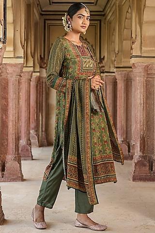 green pure silk sequins embellished & ajrakh printed kurta set