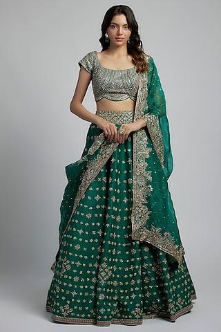 green raw silk boota & zardosi embroidered lehenga set