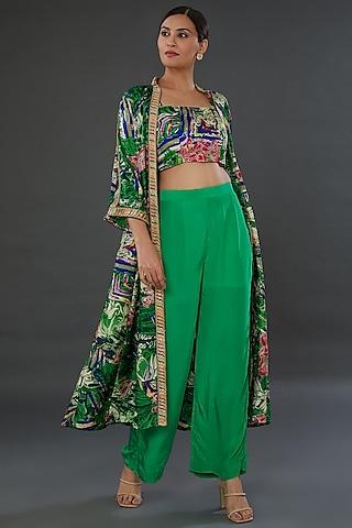 green satin embroidered cape set