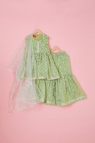 green satin georgette embroidered sharara set for girls