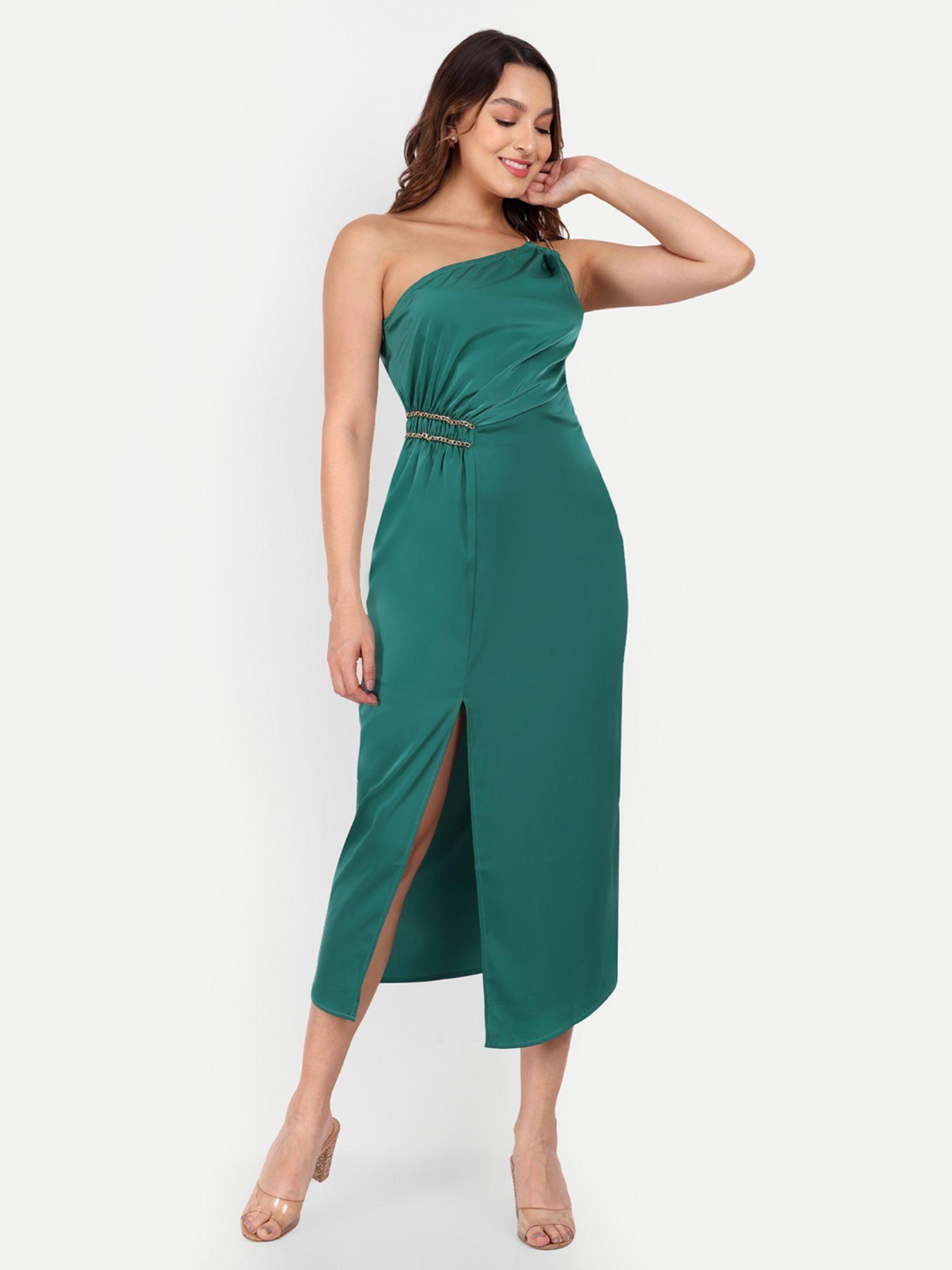 green satin one-shoulder midi dress with chain straps