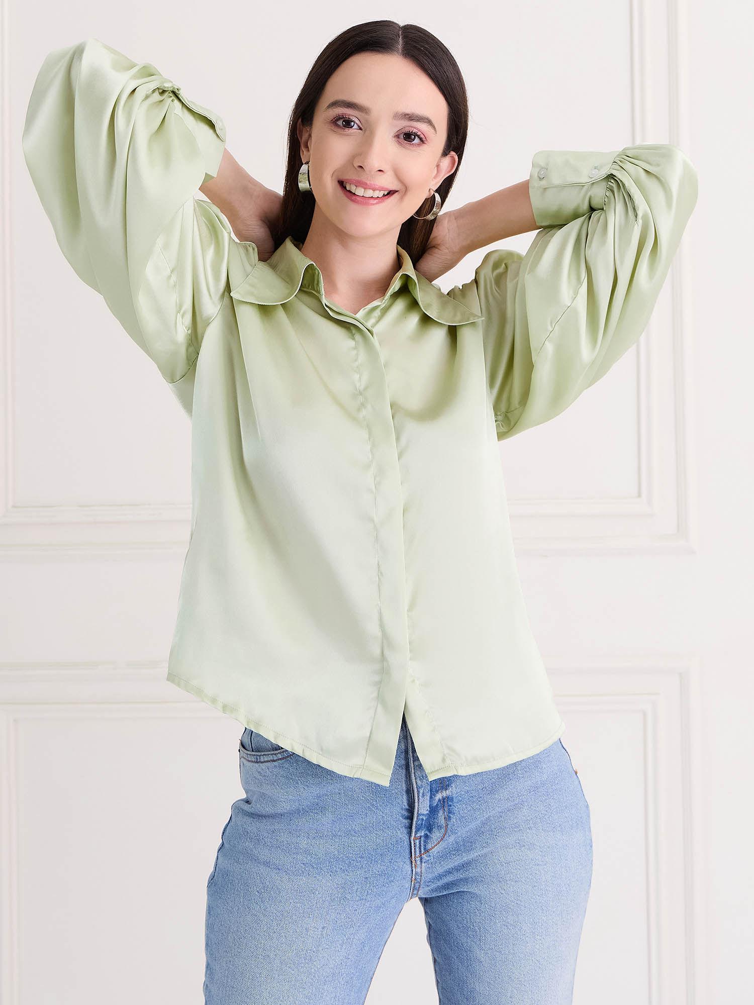 green satin spread collar shirt with shoulder gathers