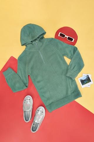 green self design winter wear full sleeves regular hood girls regular fit sweater