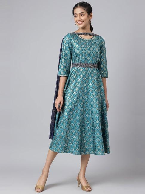 green sequined floral print dress with zari embroidered dupatta