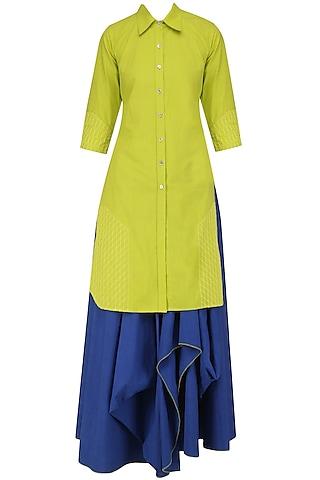 green shirt kurta and blue drape skirt set