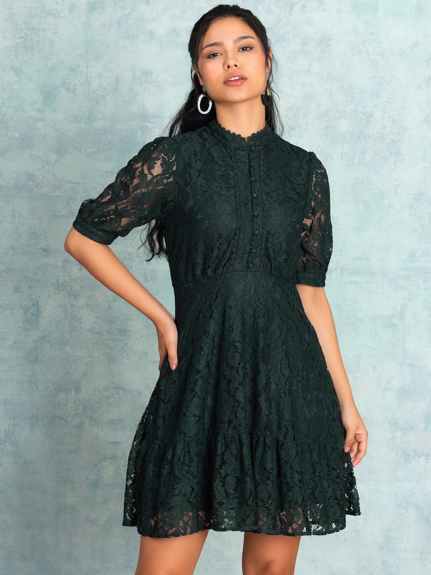 green short sleeves lace a line dress