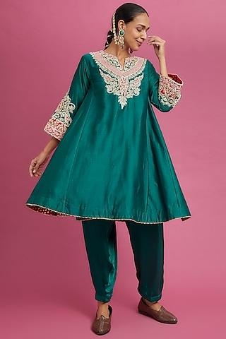 green silk chanderi embroidered choga kurta set for girls