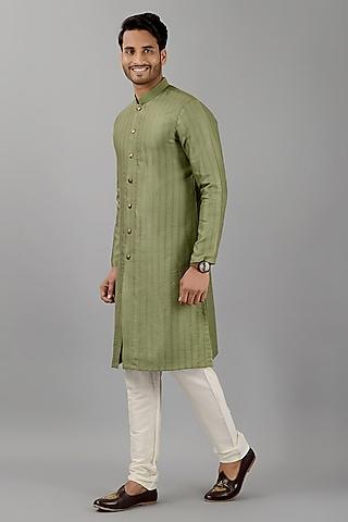 green silk jacquard kurta set