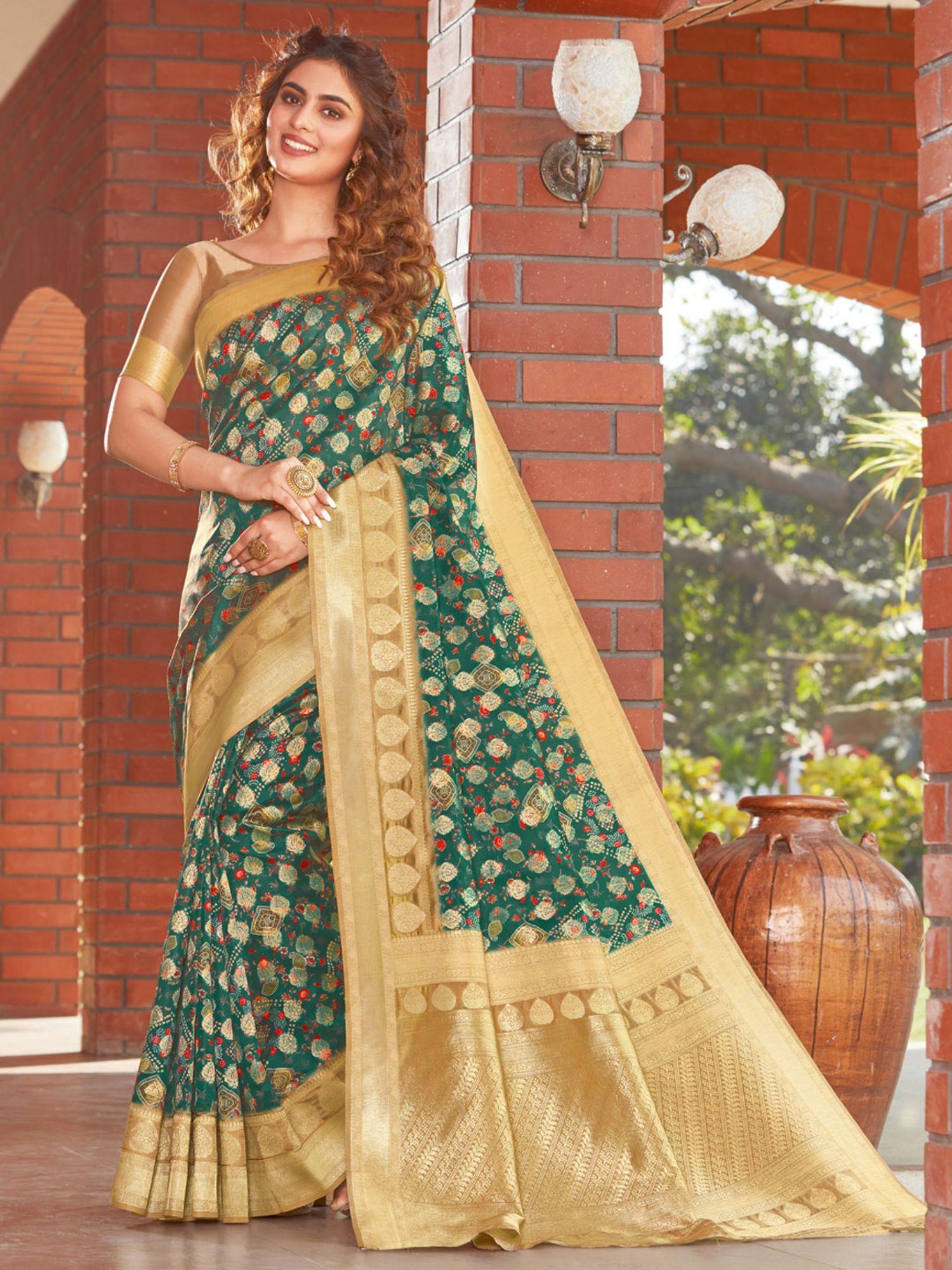 green silk woven work traditional saree with unstitched blouse
