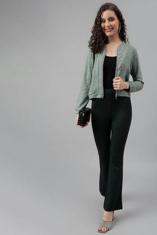 green solid casual full sleeves round neck women regular fit sweater