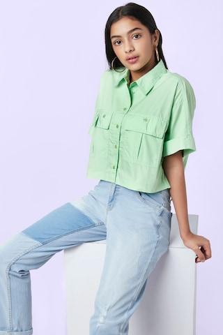green solid casual half sleeves regular collar girls regular fit blouse