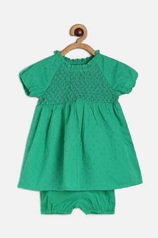 green solid casual short sleeves round neck baby regular fit dress with bloomer