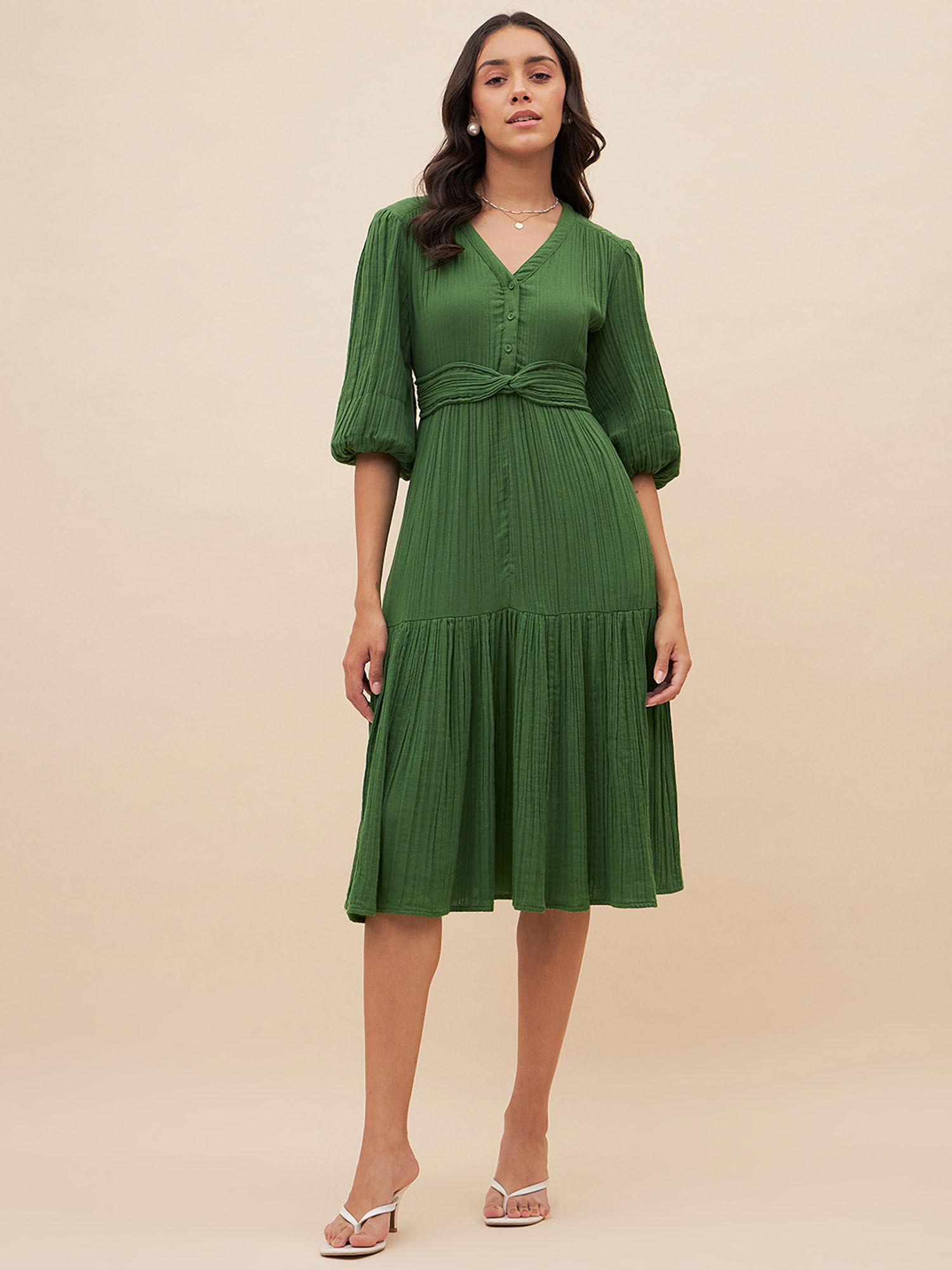 green solid front knot detail midi dress