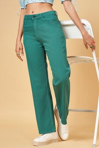 green solid full length casual women flare fit jeans