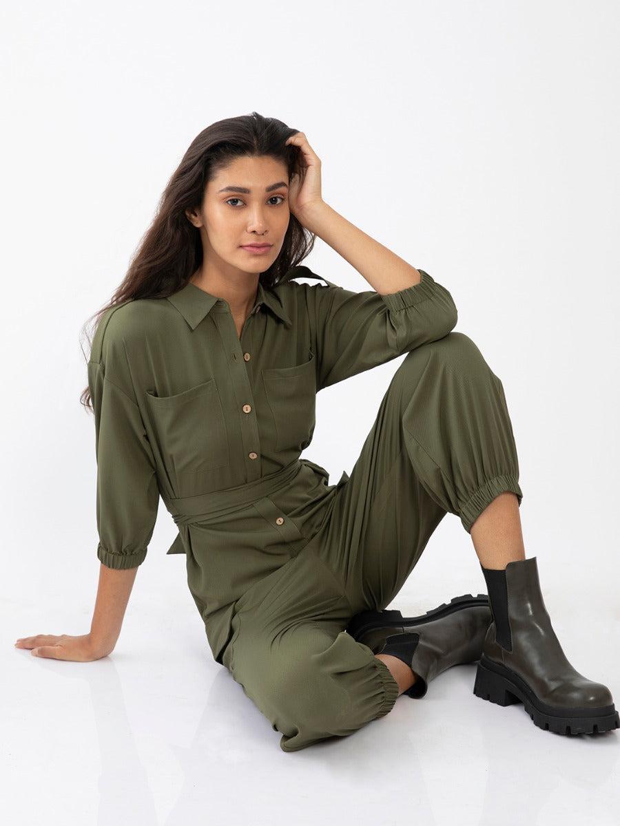 green solid jumpsuit for women