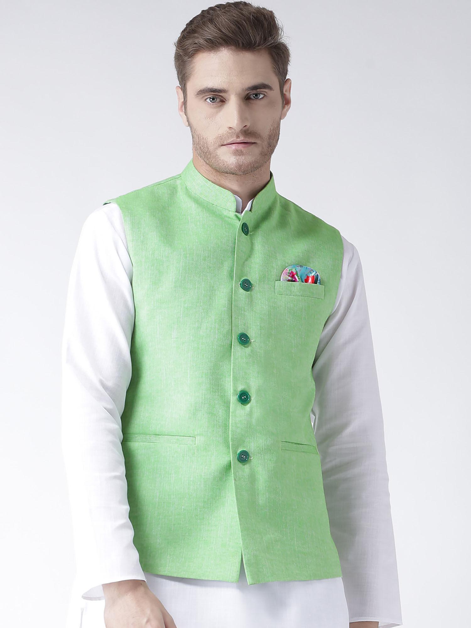 green solid linen nehru jacket
