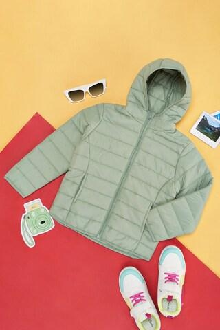 green solid winter wear full sleeves regular hood girls regular fit jacket