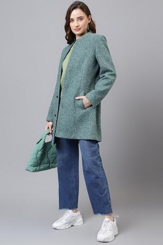 green textured casual full sleeves mandarin collar women classic fit jacket