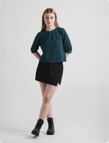 green textured puff sleeves top