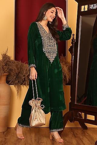 green velvet dabka & mirror embroidered kurta set