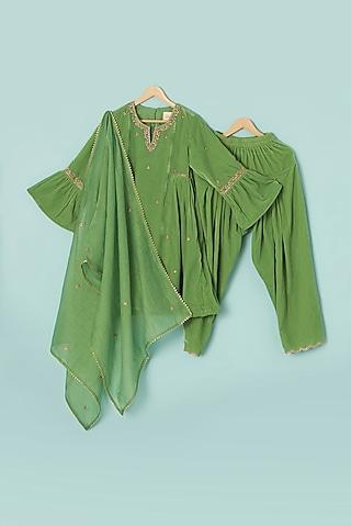 green velvet embroidered short kurta set for girls