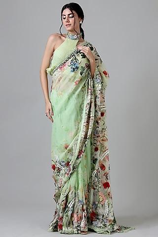 green viscose floral printed & embroidered saree set