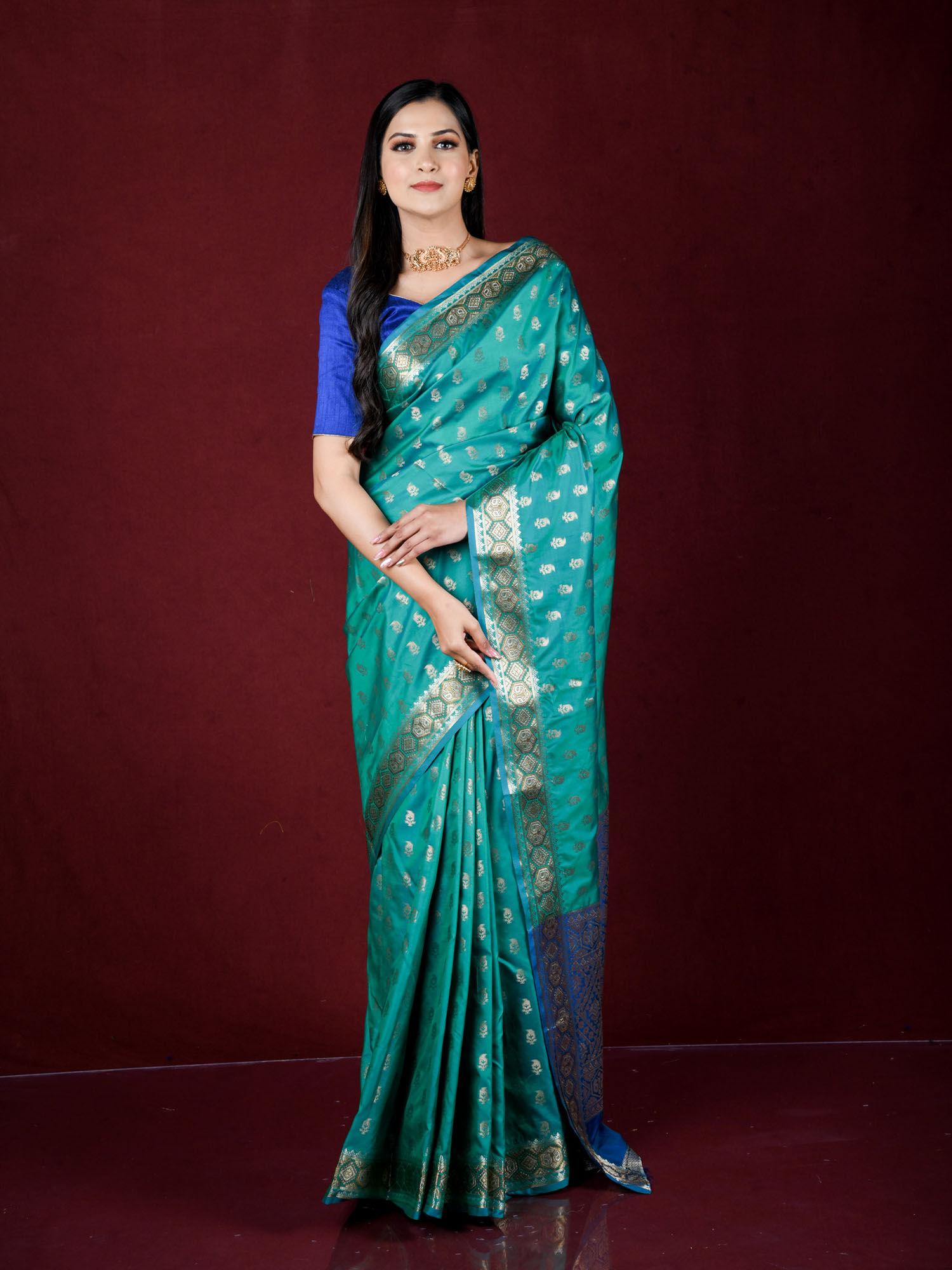 green zari woven work banarasi saree with unstitched blouse
