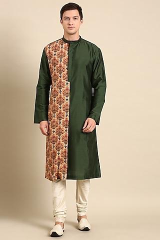 green & beige silk muslin printed kurta set