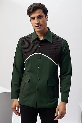 green & black cotton viscose patchwork safari shirt