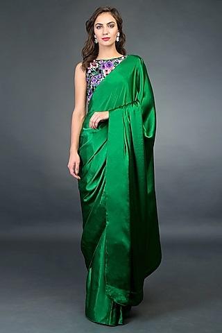 green & black floral embroidered saree set
