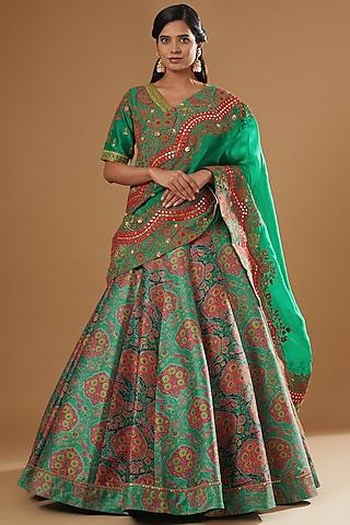 green & blue chanderi printed lehenga set