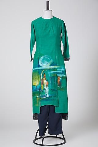 green & blue hand painted kurta set