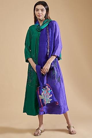 green & blue organic silk embellished dress