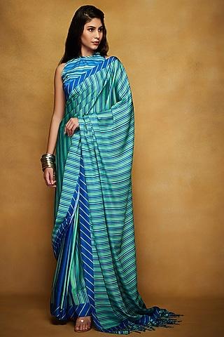 green & blue printed saree set