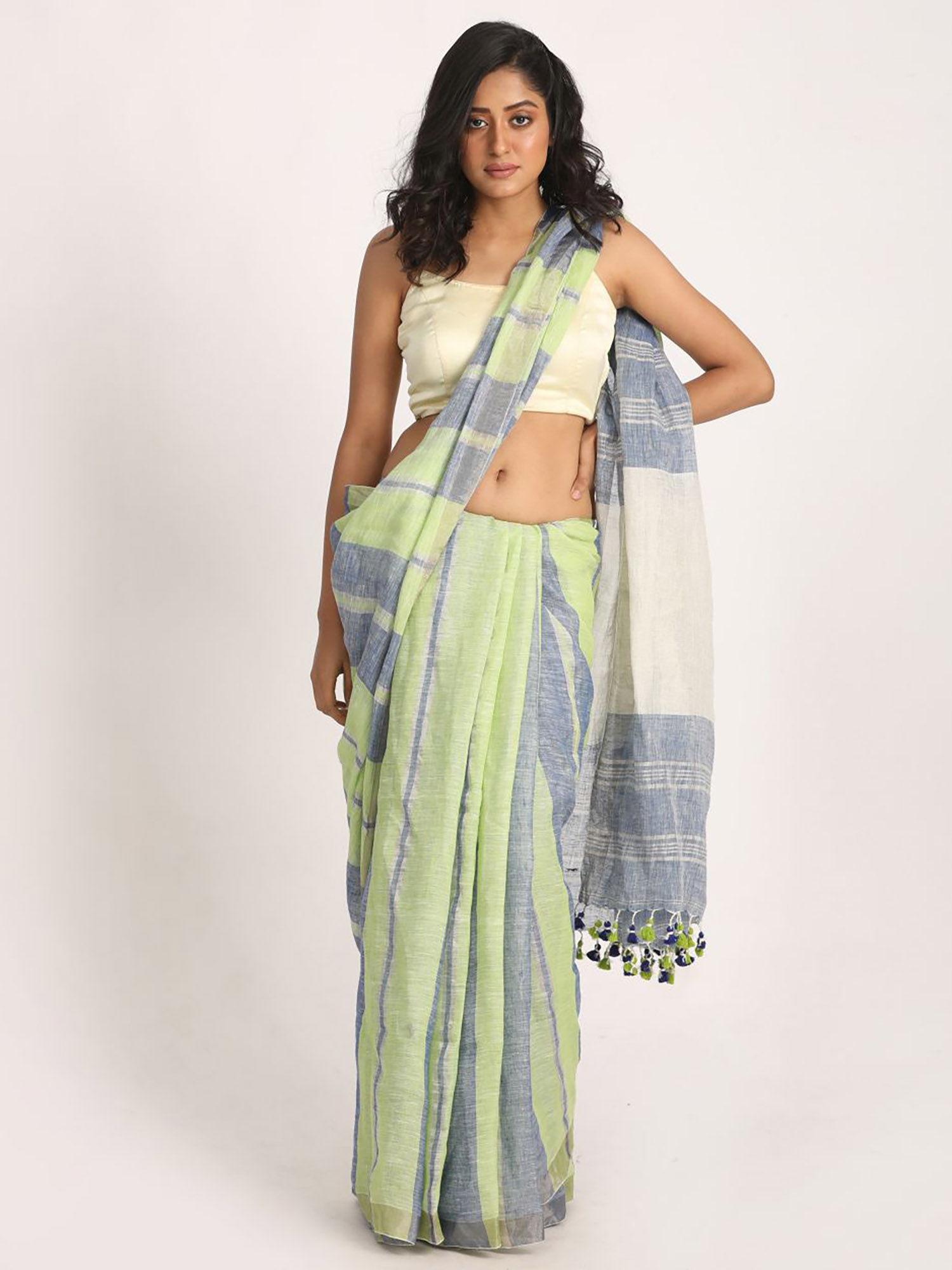 green & blue traditional handloom check linen saree with unstitched blouse