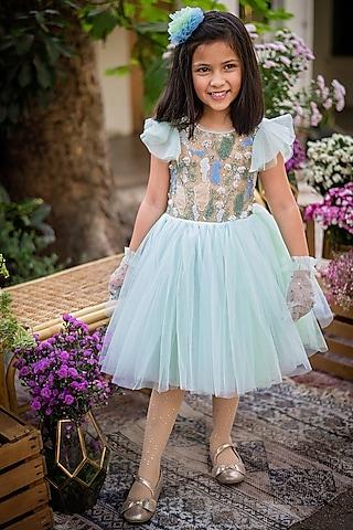 green & blue tulle embroidered dress for girls