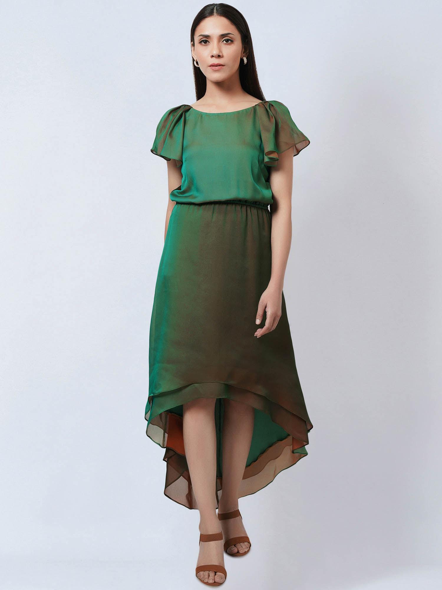 green & bronze asymmetrical dress