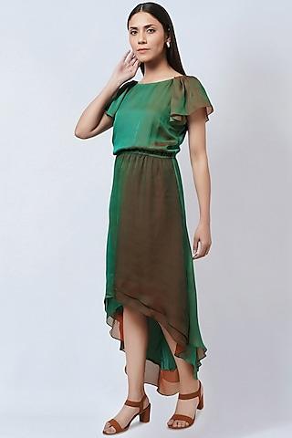 green & bronze polyester georgette high-low dress