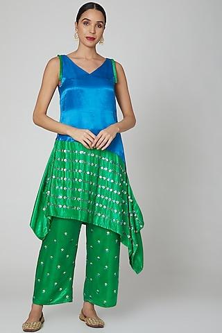 green & cobalt blue embroidered tunic set