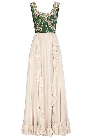 green & cream printed embroidered anarkali gown
