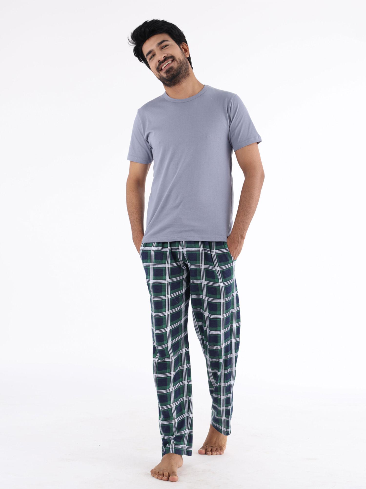 green & grey checked cotton mens pyjama set (set of 2)
