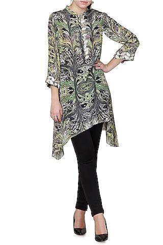 green & grey embroidered tunic with marble digital print