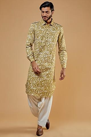 green & ivory cotton silk printed pathani kurta set