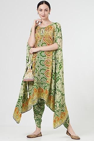 green & ivory embellished cape set