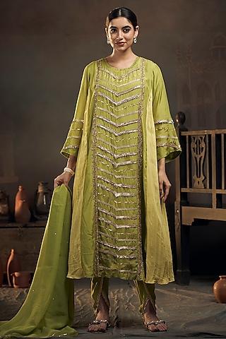 green & lime green cotton silk gota embroidered kurta set
