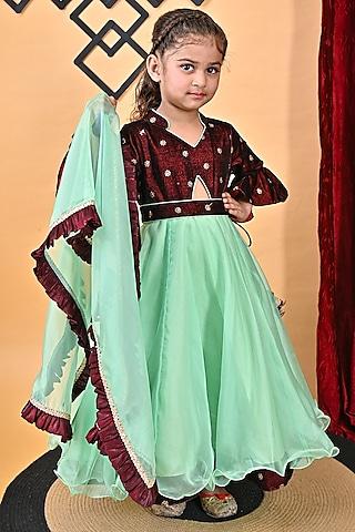 green & maroon velvet & organza embroidered dress for girls